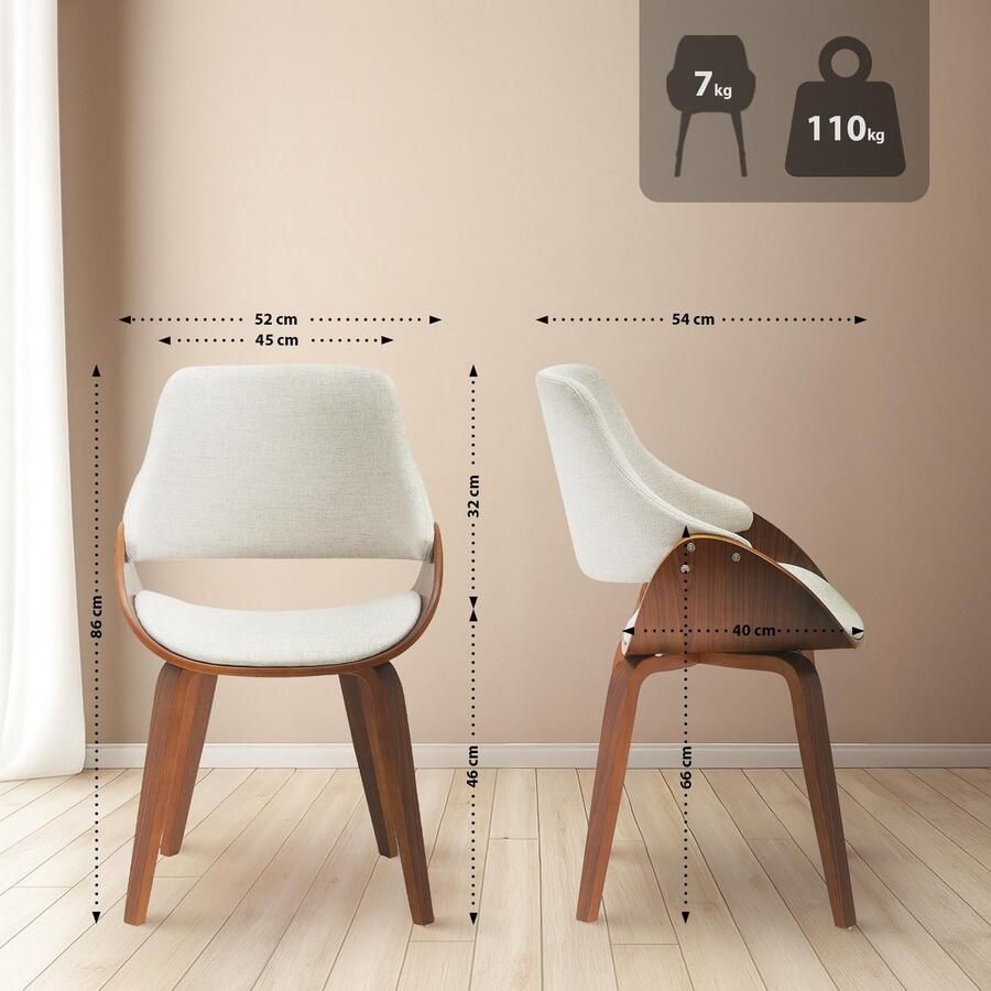 CLP Vangale Set van 2 eetkamerstoelen Klassiek gestoffeerd buighouten onderstel Stof walnoot creme - Foto 2