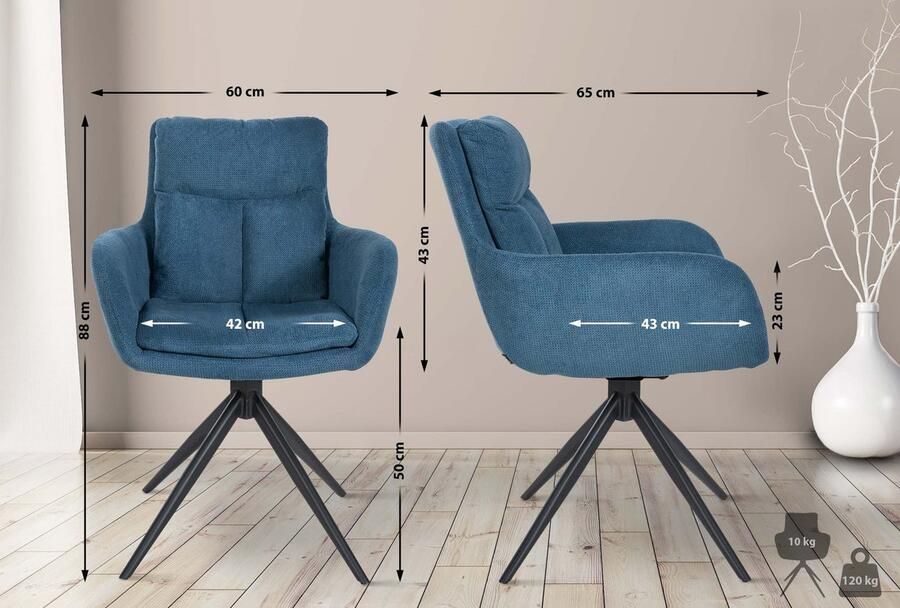 CLP Vilas Set van 2 eetkamerstoelen Draaibaar Fauteuil Met armleuning Metaal frame Stof blauw