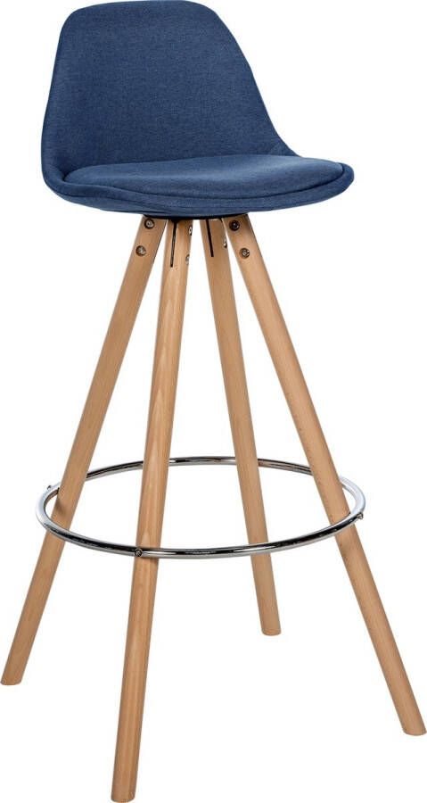 CLP Corbin Barkruk Met rugleuning Hout rond frame Stof natura blauw