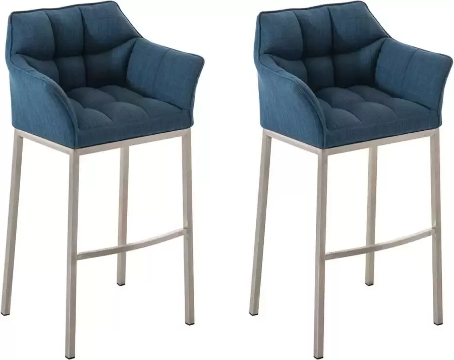 CLP Damaso Set van 2 barkrukken armleuning met rugleuning met voetensteun met 4-poots onderstel Stof blauw roestvrij staal - Foto 2