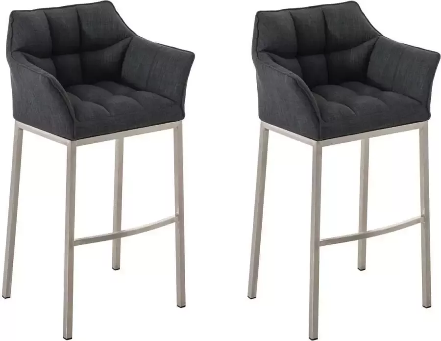 CLP Damaso Set van 2 barkrukken armleuning met rugleuning met voetensteun met 4-poots onderstel Stof donkergrijs roestvrij staal