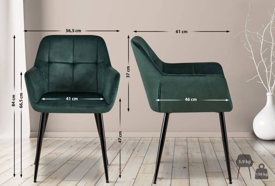 Clp Emia Set van 4 eetkamerstoelen Met armleuning Velvet Fluweel groen Fluweel