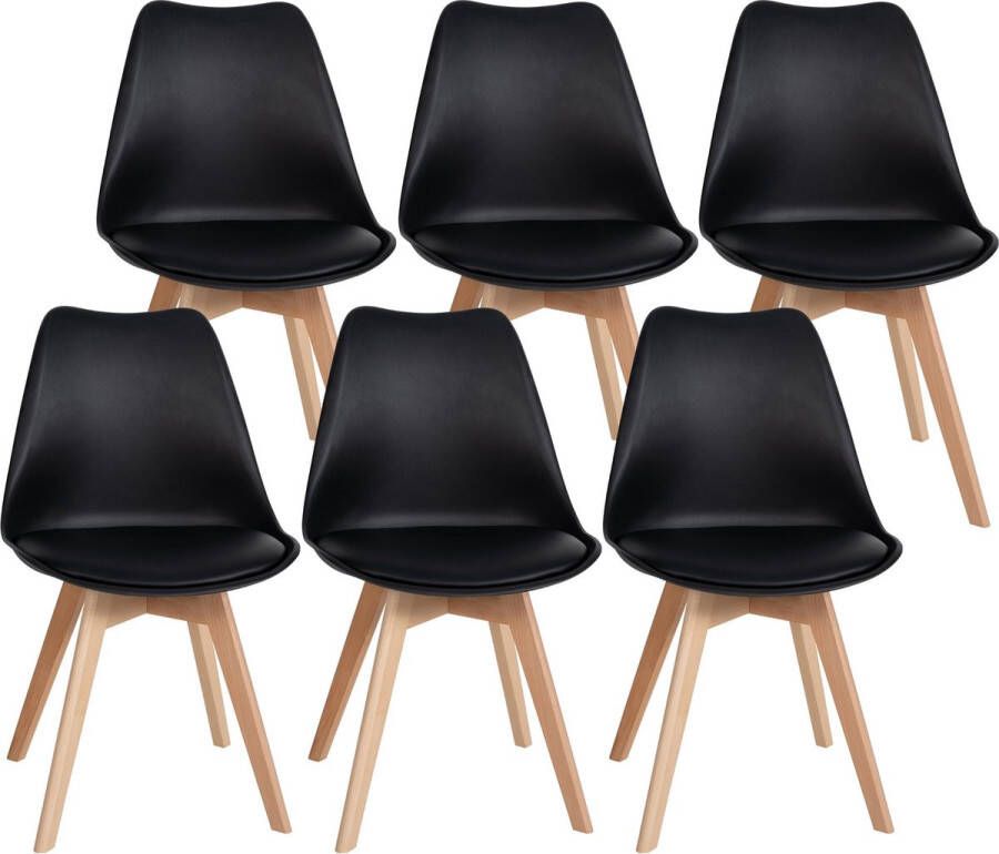 Clp Ramsey Set van 6 eetkamerstoelen Houten frame Kunststof zitschaal met kunstlederen bekleding zwart
