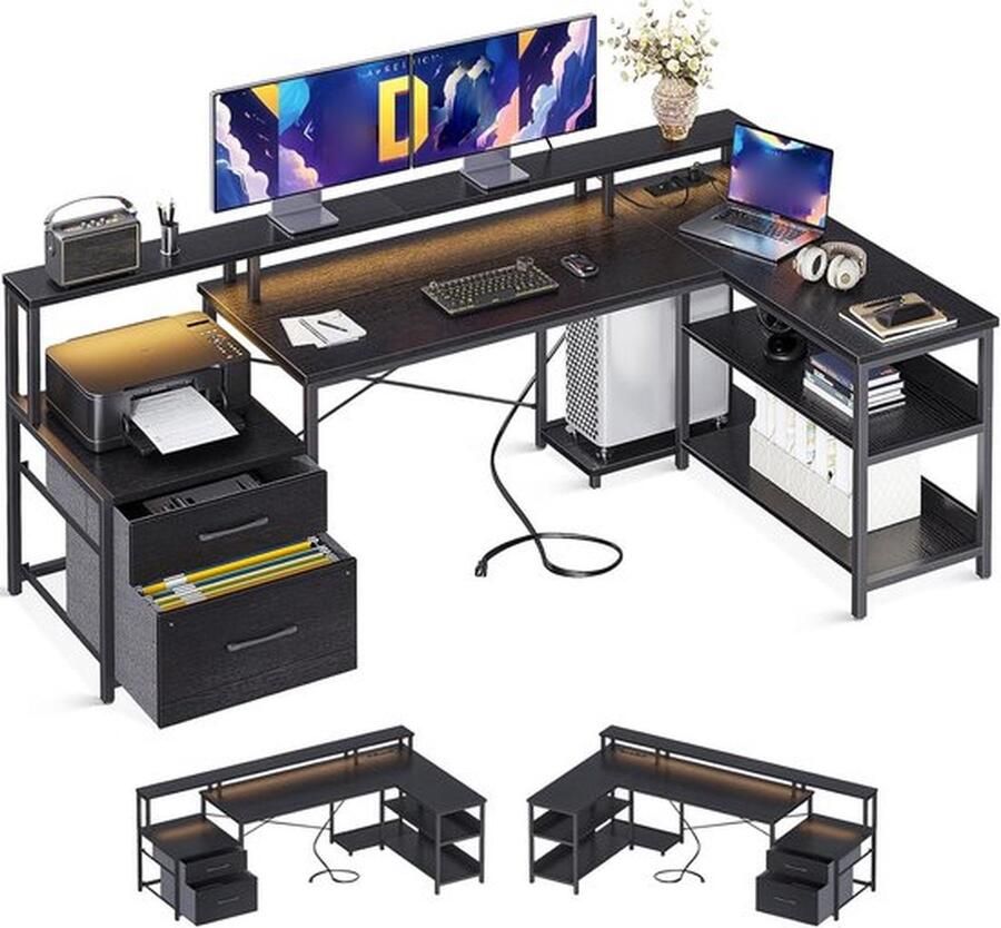 Cm Bureau met Laden Omkeerbaar Hoekbureau Groot met LED Verlichting L-vormig Bureau met Stekkerdoos Zwart 172 5 x 100