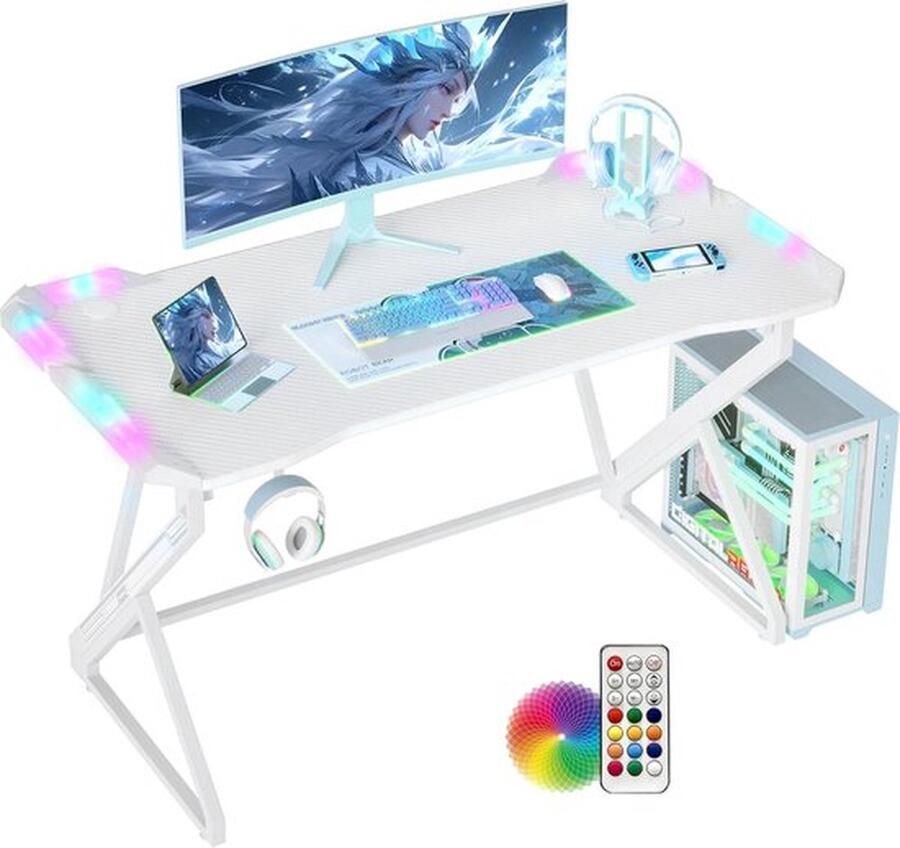 Cm Gaming Bureau met LED Verlichting 120x60 Ergonomisch Computerbureau Esports Tafel met Z-frame Stabiele Bouw Carbon Fiber Inclusief Hoofdtelefoonhaak Gemakkelijk te Monteren Voor Werk Studie en Gaming