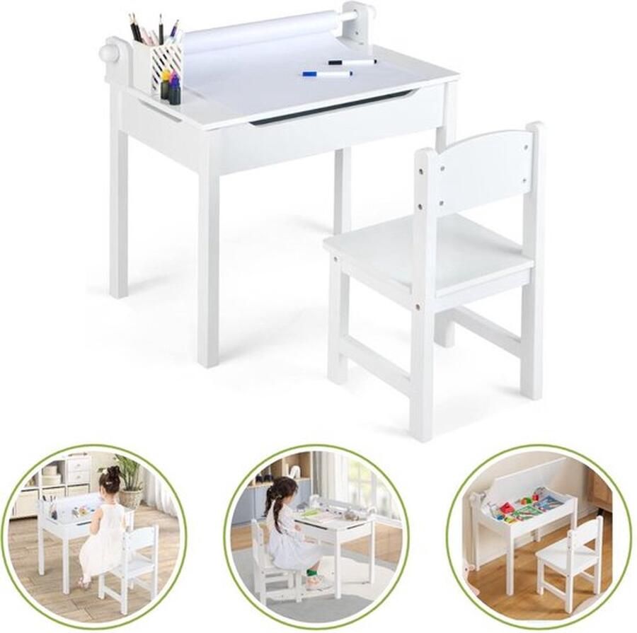 Cm Kinderbureau met Bureaustoel Kindertafel voor Jongen en Meisje Tekentafel met Stoeltjes Verstelbaar Wit