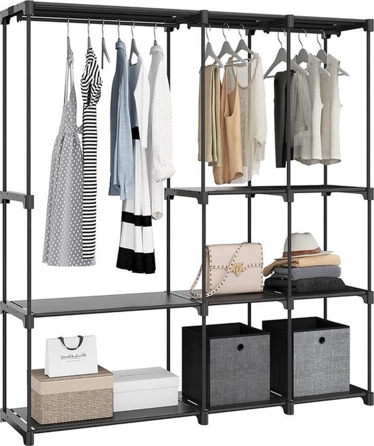 Cm kledingkast vrijstaande draagbare kledingkast voor slaapkamer 3 kledingstangen met 8 vakken 43 x 159 x 169 zwart