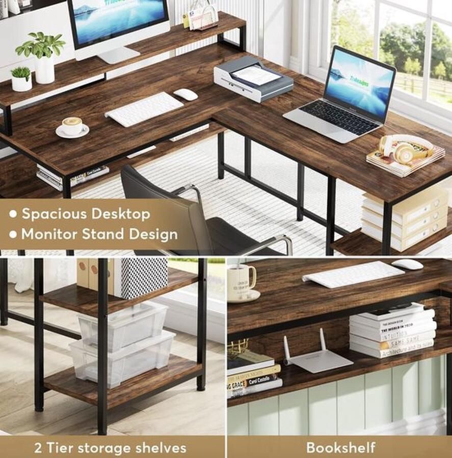 Cm Mrs. Jones Bureau hoekopstelling Hoekbureau Computerbureau Met monitor standaard Omkeerbaar Industrieel Donker hout Metaal