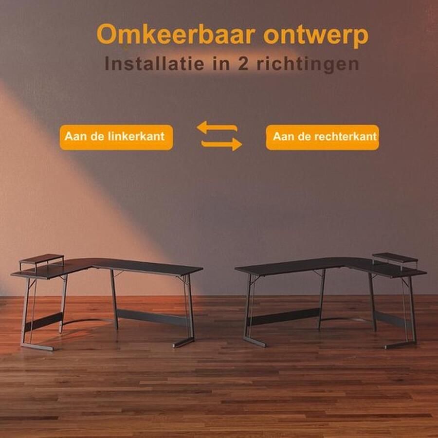 Cm Mrs. Jones Bureautafel Game Tafel Hoekbureau L-Vorm Voor Kantoor PC Hoektafel met Monitorstandaard en Laden 150 x 120 x 75 Zwart
