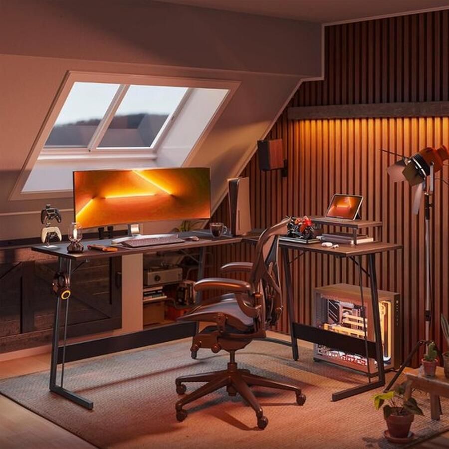 Cm Mrs. Jones Bureautafel Gamen Tafel Hoekbureau L-Vorm Voor Kantoor PC Hoektafel met Monitorstandaard en Laden 150 x 120 x 75 Zwart