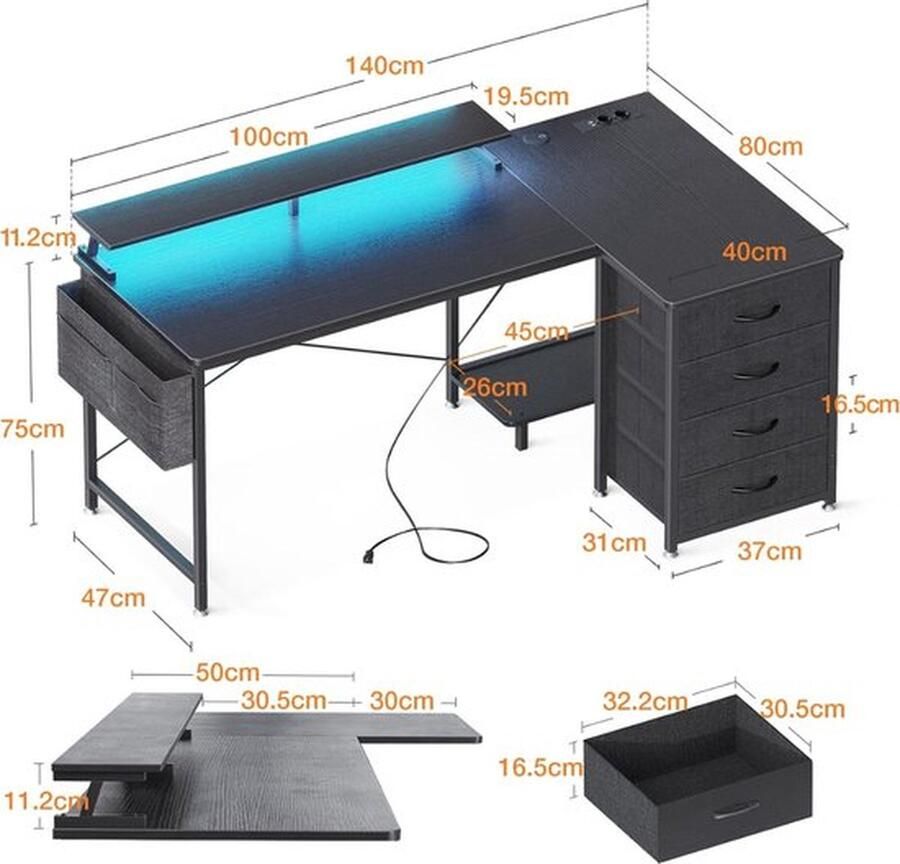 Cm Mrs. Jones Bureautafel Hoekbureau met 4 Stoffen Laden Omkeerbaar L-Vormig 2 Stopcontacten en 2 USB-Laadpoorten LED 140 x 80 x 86 Zwart