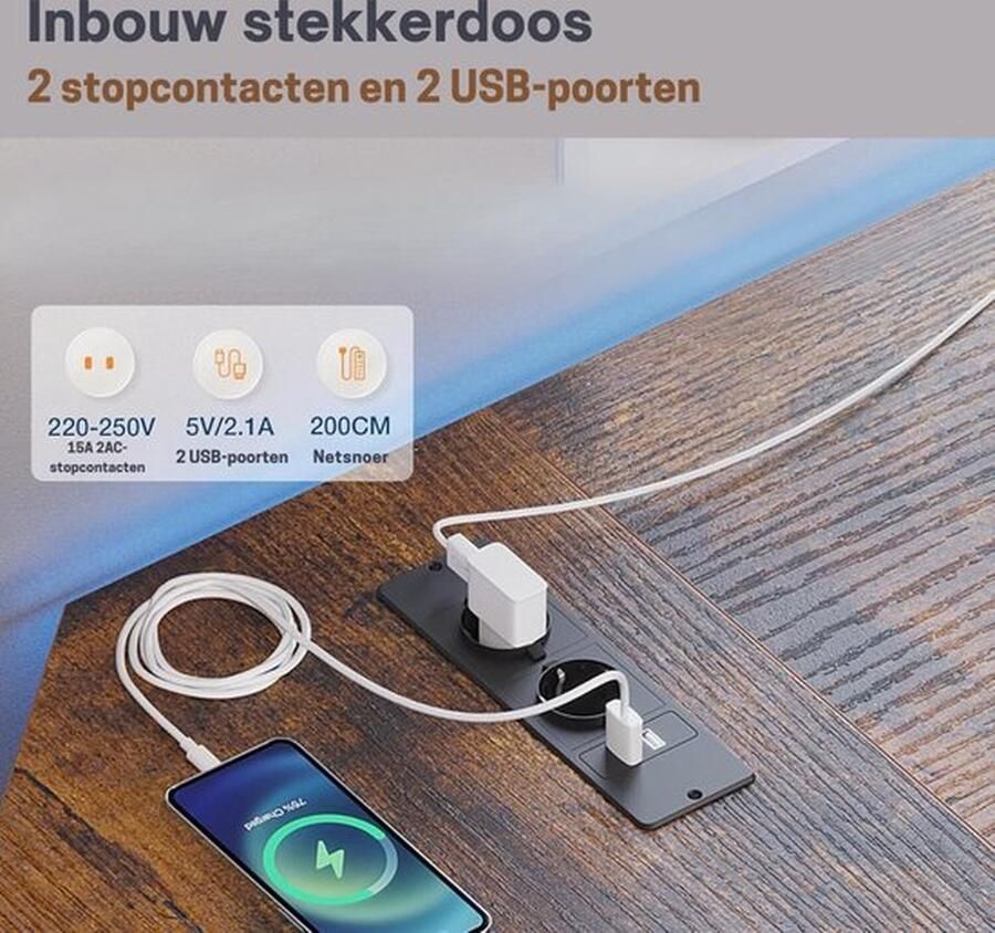 Cm Mrs. Jones Bureautafel L-vormig bureau Gaming Bureau met Stopcontacten en USB-Oplaadpoort Groot Hoekbureau met CPU-Standaard L-Vormig voor Thuiskantoor 168 x 120 x 74 Bruin