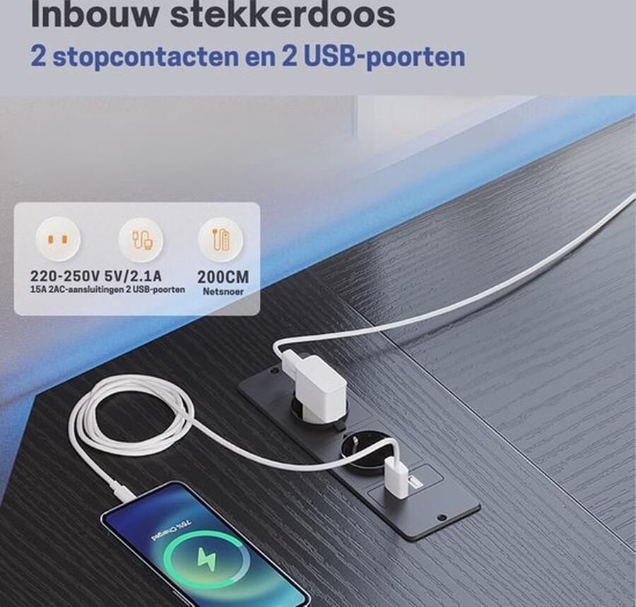 Cm Mrs. Jones Bureautafel L-vormig bureau Gaming Bureau met Stopcontacten en USB-Oplaadpoort Groot Hoekbureau met CPU-Standaard L-Vormig voor Thuiskantoor 168 x 120 x 74 Zwart