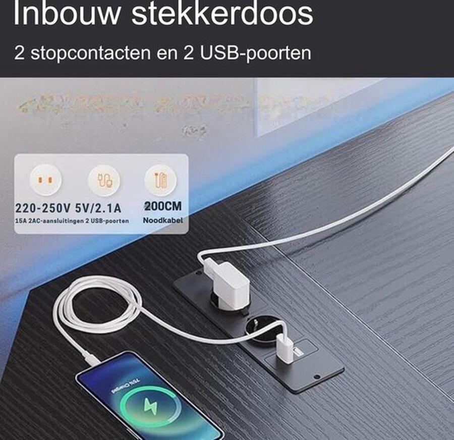 Cm Mrs. Jones Bureautafel L-vormig bureau Gamingtafel met Stopcontacten en USB-Oplaadpoort Gamingdesk met CPU-Standaard L-Vormig -150 x 120 x 74 Zwart