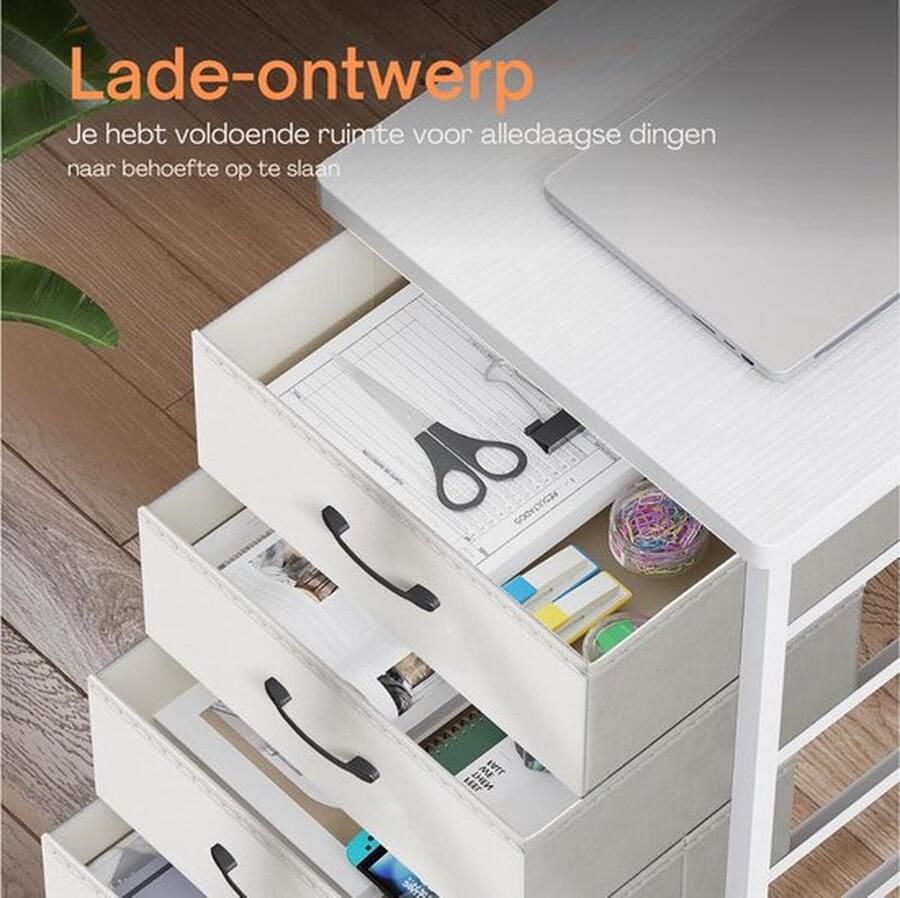 Cm Mrs. Jones Bureautafel L-vormig bureau Hoekbureau met 4 Stoffen Laden Omkeerbaar Bureau In L-Vorm met 2 Stopcontacten en 2 USB-Oplaadpoorten 160 x 80 x 86 Wit