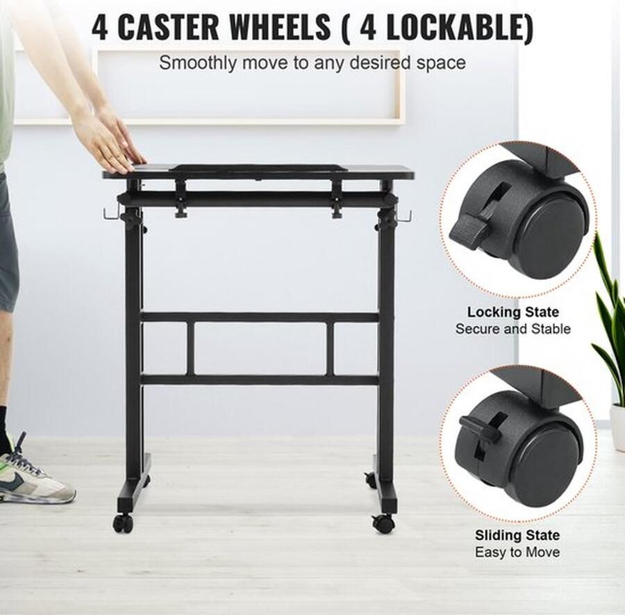 Cm Mrs. Jones Zit-Sta Bureau Gasveer In Hoogte Verstelbaar 360° Draaibare Wielen Kantelbaar Tafelblad Ergonomisch Werkstation Mobiel Laptopbureau 67-114 Hoogte 60x60 Werkblad 18 1 kg Draagvermogen Voor Kantoor en Thuis**