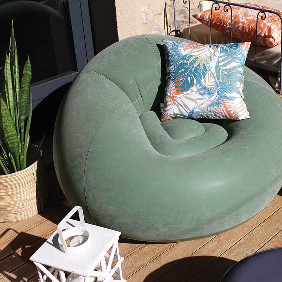 Cmadeco Fauteuil Zitzak Lounge stoel Opblaasbaar Rond met rugzitting Zachte fluweelachtige stof Klei Groen Ø 100cm Hoogte 70 cm UV bestendig Voor binnen en buiten