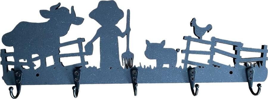 CNCCreative Kinderkapstok Kapstok kinderen boerderij Kinderkamer haakjes Zwart Hout 5 haken Met bevestigingsmateriaal