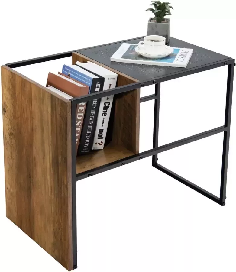 COAST™ Costway Bijzettafel Met Houten Plank En Stalen Frame 2-delig C-Vormig Eik+Zwart 40 cm x 60 cm x 70 5 cm