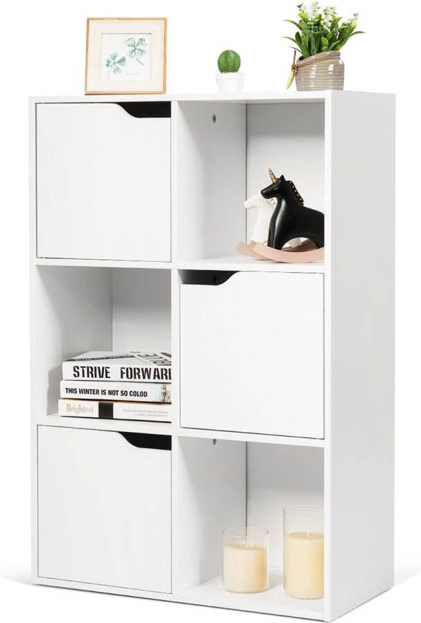 COAST™ Costway Houten Boekenkast Met 3 Open En 3 Gesloten Vakken 60 cm x 29 cm x 90 cm