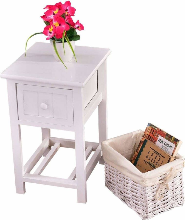 COAST™ Costway Nachtkastje Met Mand Bijzettafel Landelijke Stijl Wit