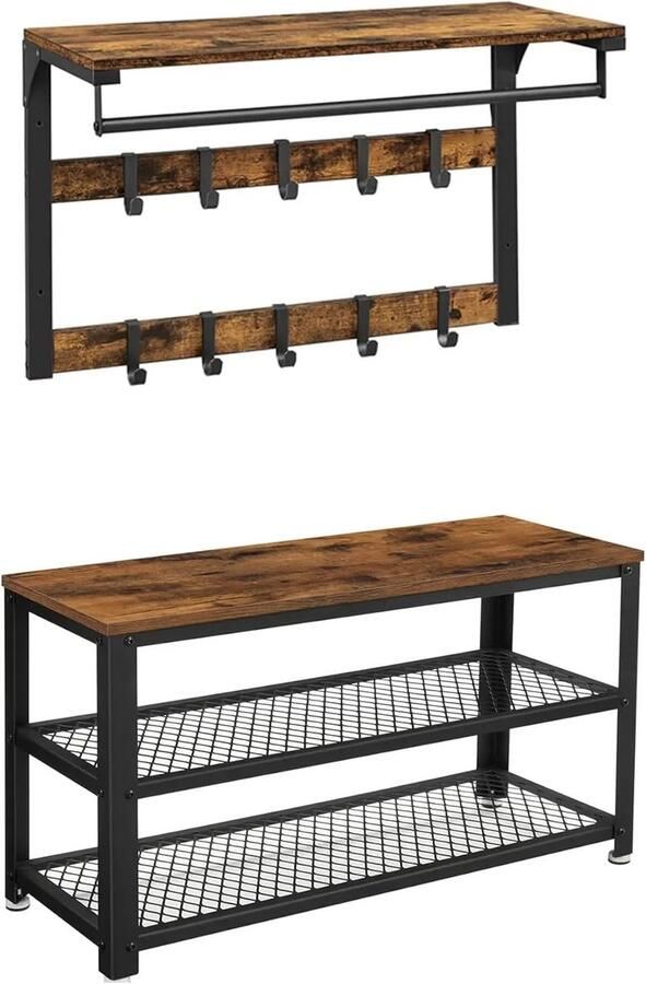Coco Wandkapstok Garderobe set Bankje met wandstok Met Haken 2 planken Bruin zwart