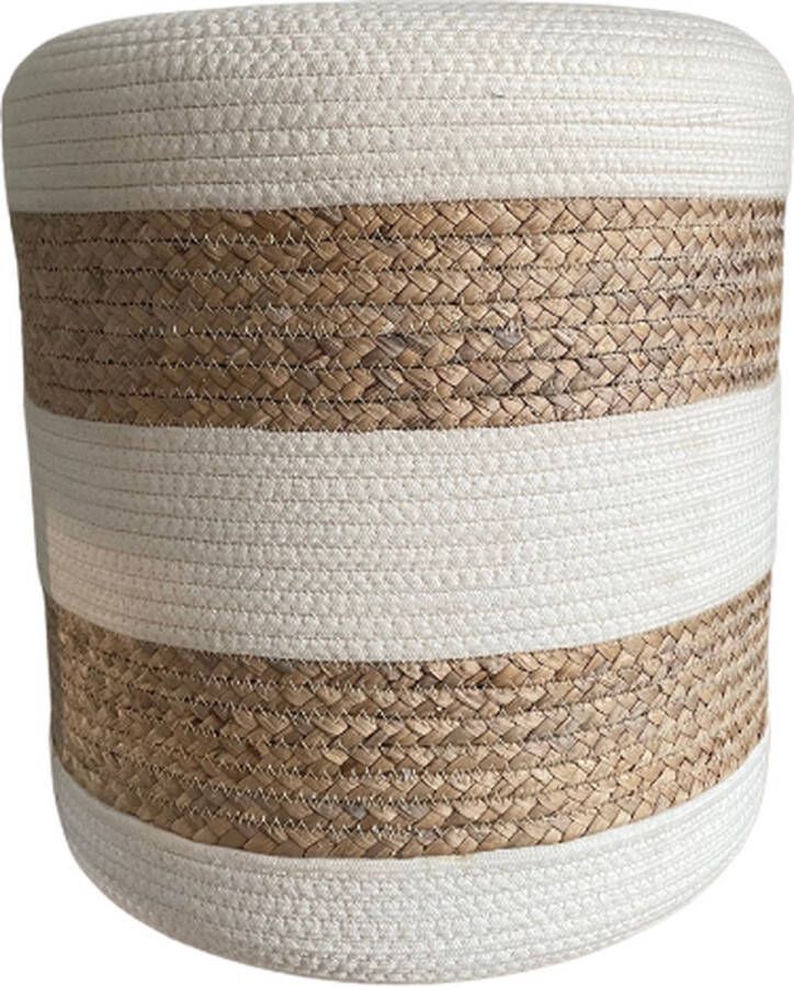 CocoNamvie Geweven poef rond beige wit waterhyacint katoen H45 x D40 cm