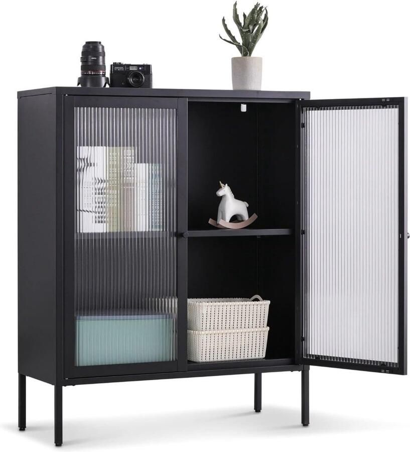 Coemo Highboard Tokio zijkast zwart voor de woonkamer Opbergkast Metalen kast met legplank en glazen deuren ladekast voor boeken en decoraties LxBxH ca. 90x35x110 cm