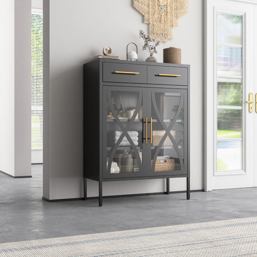 Coemo Ladekast Hoge Kast Toronto Zwart vitrinekast Metalen voor woonkamer met 2 laden en glazen deuren ladenkastje voor boeken en slaapkamerdecoratie Industrieel ontwerp