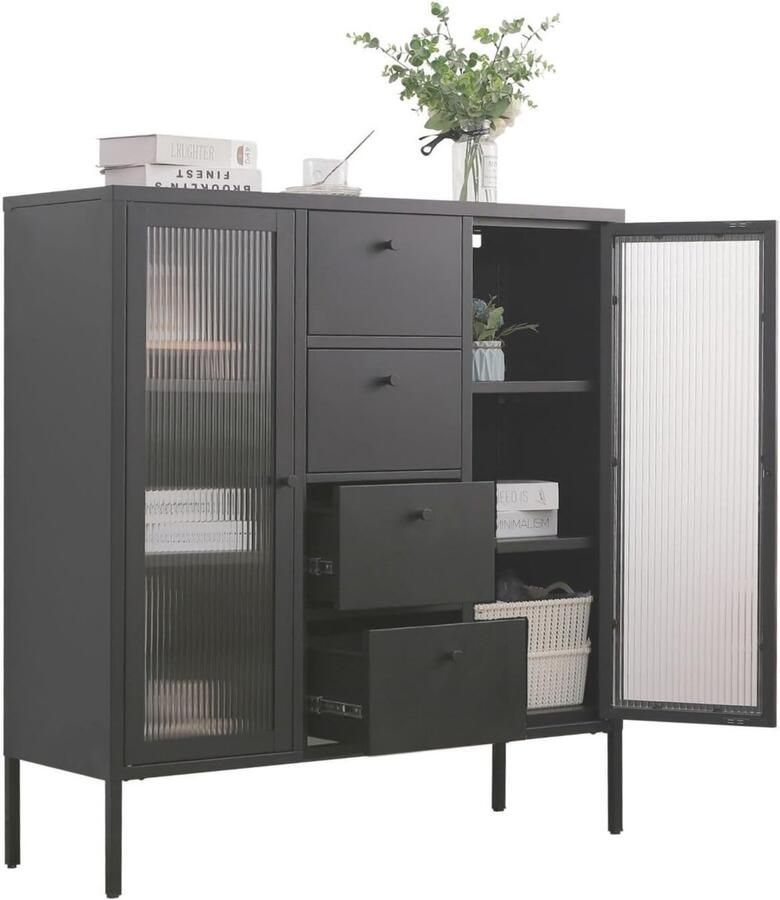 Coemo Mein-Regal Highboard Paris Zwart Bijzetkast Woonkamermeubel Metalen kast Legplank en glazen deuren ladekast voor boeken en decoraties LxBxH ca. 105x35x110 cm