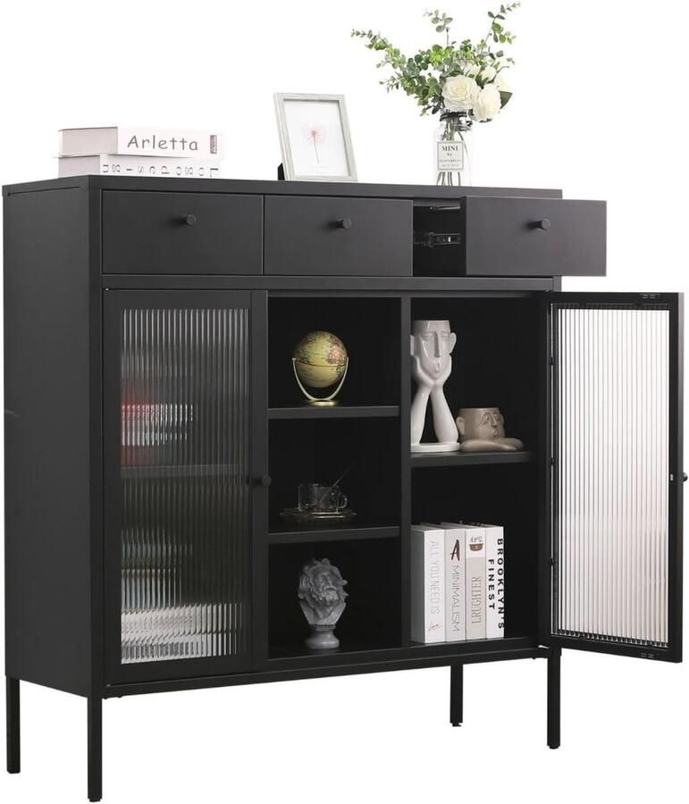 Coemo Mein-Regal hoge kast Paris met 3 laden zijkast woonkamer metalen kastplank 2 glazen deuren ladekast voor boeken en decoratie LxBxH ca. 105x35x110 cm