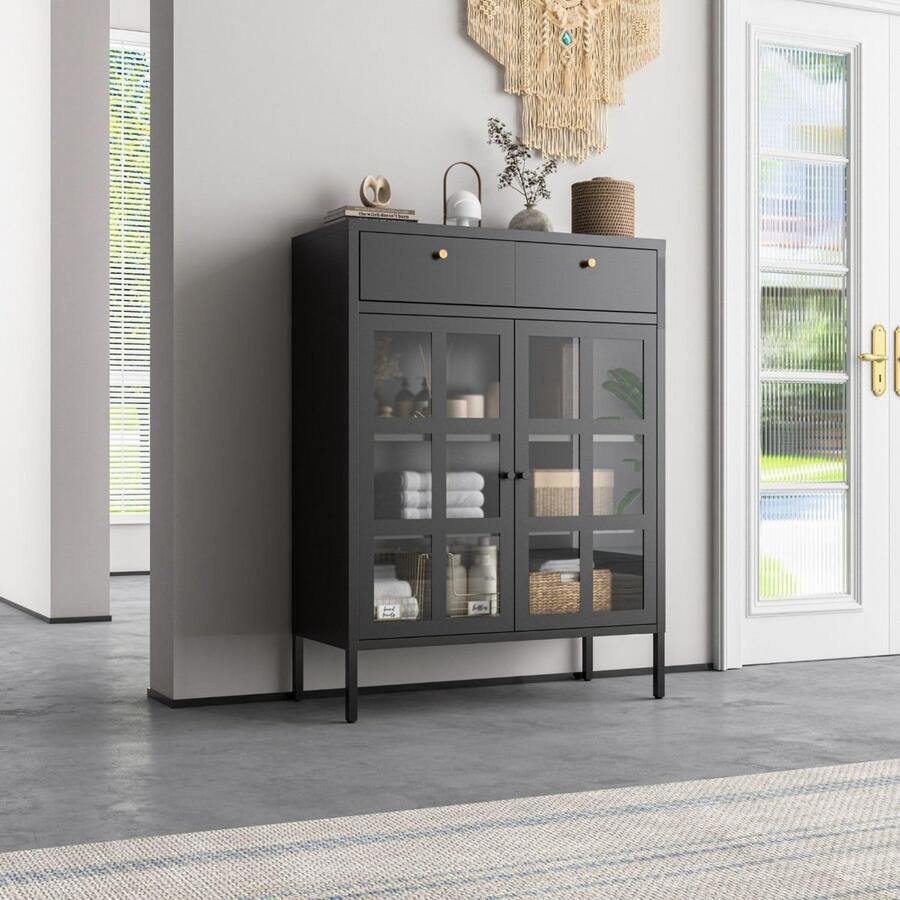 Coemo Mein-Regal ladekast Glasgow zwart vitrinekastje voor in de woonkamer als decoratieve kast van metalen legplank glazen deuren en laden ladekastje voor boeken en decoraties Industriële Bijzetkast