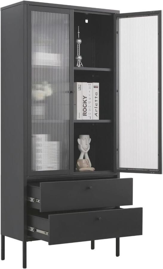 Coemo Mein-Regal vitrinekast Paris kast zwart industriële stijl woonkamer meubels studeerkamer metalen vitrinekast laden deuren planken multifunctionele kast LxBxH 80x35x180 cm