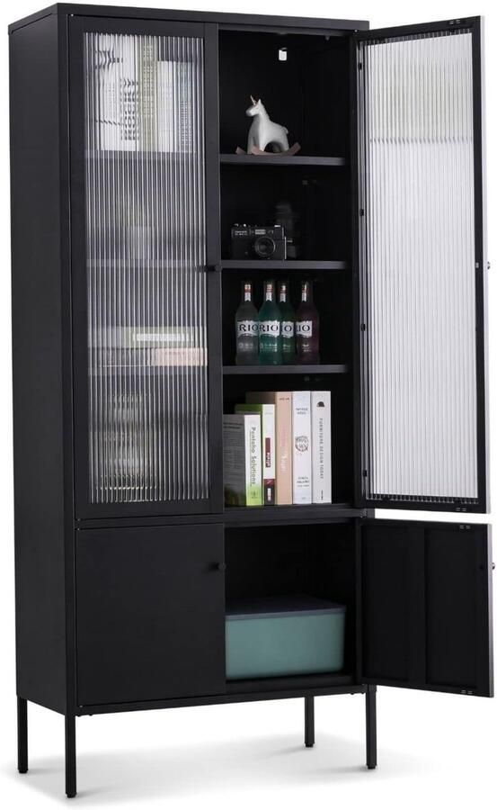 Coemo vitrinekast Tokio Modern voor keuken hal en woonkamer Opbergmeubels Metalen vitrinekast in zwart Planchet met deuren en legplanken Hoge kast voor boeken