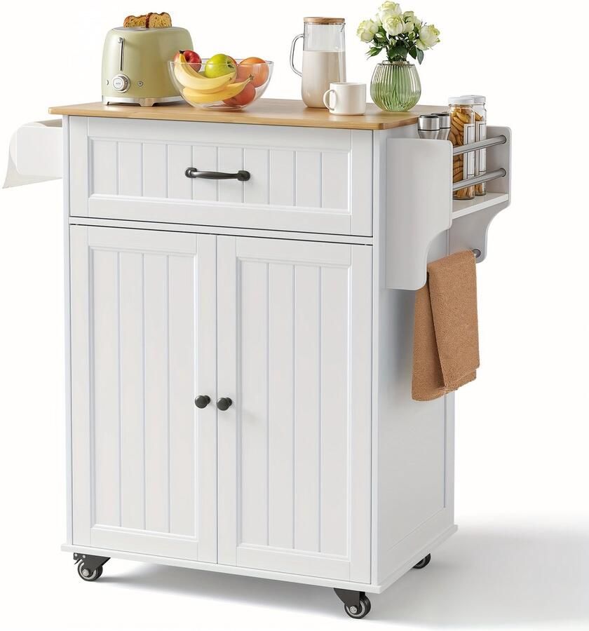 COFENIA Witte Opbergkast – Rollende Kast – Mobiele Kast – Opbergrek – Keukenkast – 90 Liter Inhoud – Massief Hout & Kunststof