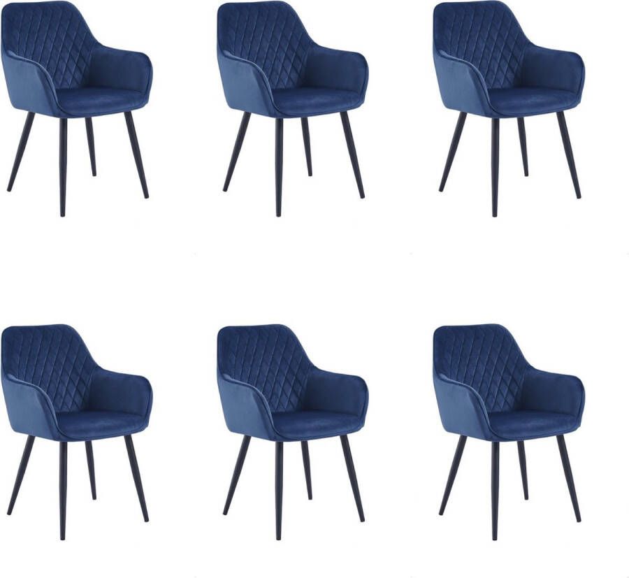 Colenis Beverly Eetkamerstoel Set Van 6- Blauw Fluweel Velvet Industrieel Met armleuning