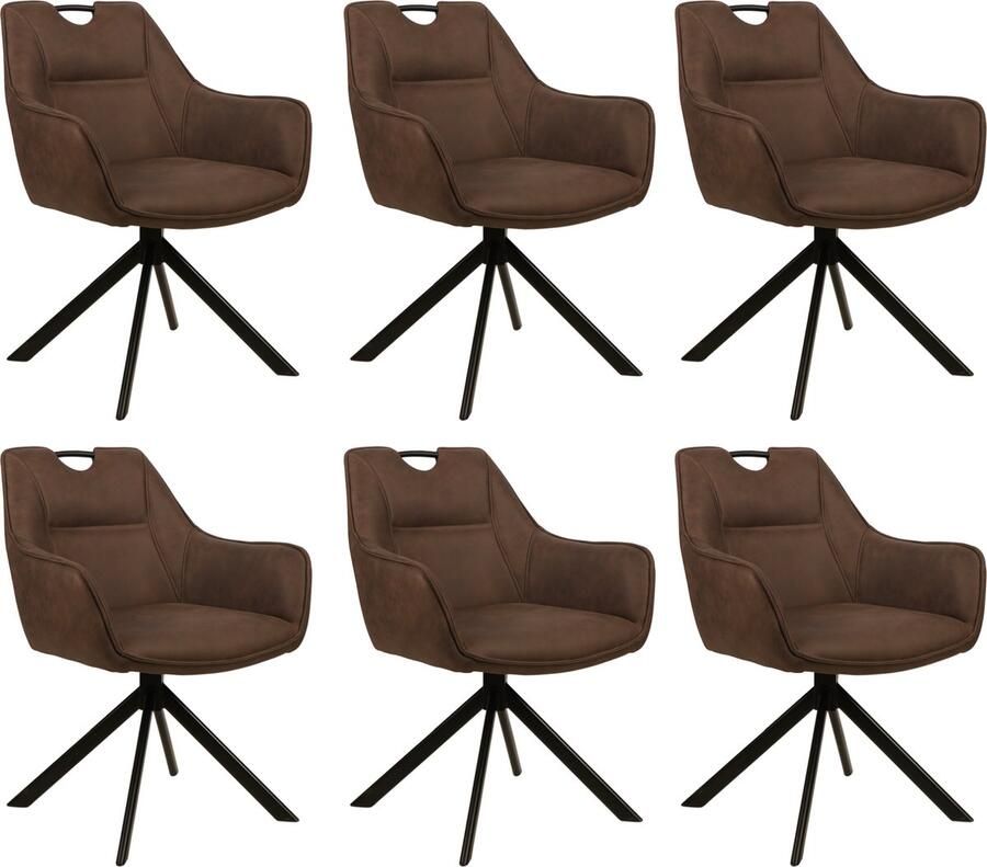 Colenis Lucas Eetkamerstoel Set van 6 Stoelen Bruin Microfiber Bekleding Gestoffeerde Zitting Metalen Poten