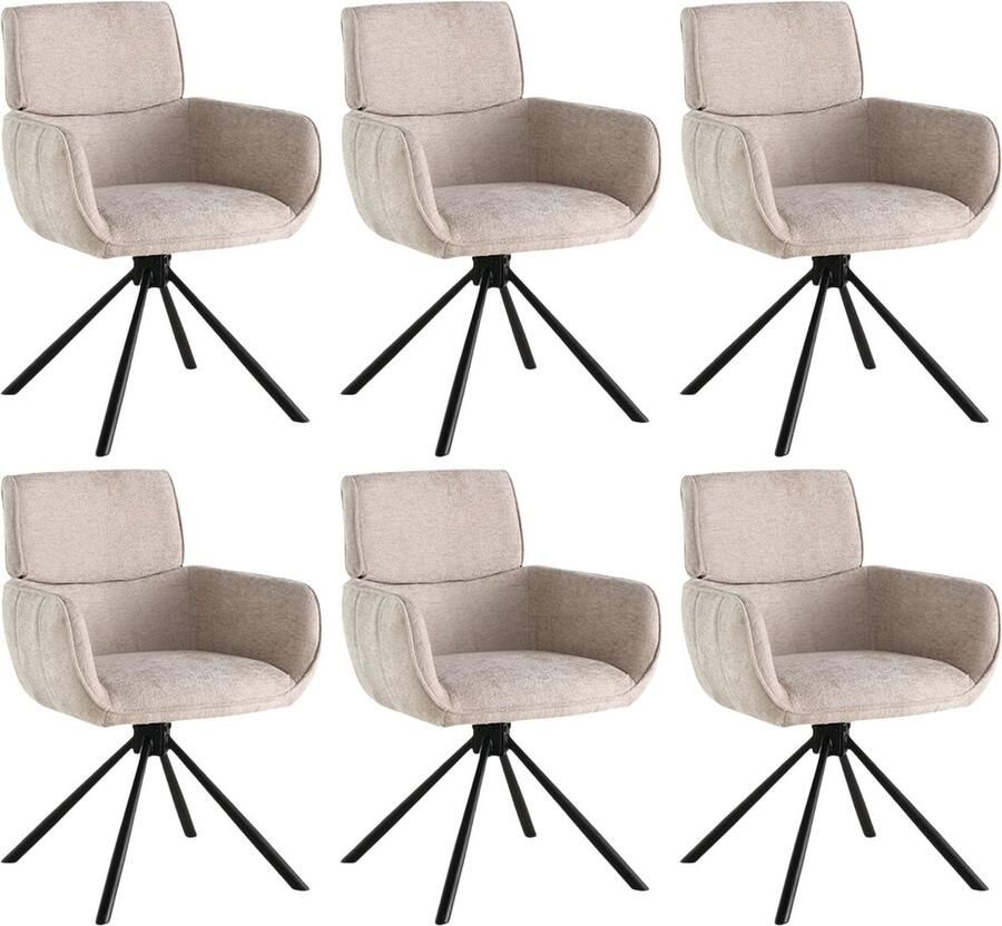 Colenis Marta Eetkamerstoel Set Van 6 Beige Chenille Stof Industrieel Metalen poten Stoelen Draaibaar 180°