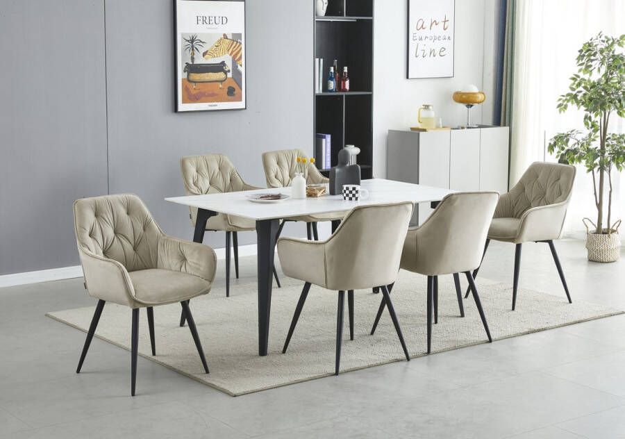Colenis Emma Eetkamerstoel Beige Set Van 6 Fluweel Velvet Design Met armleuning