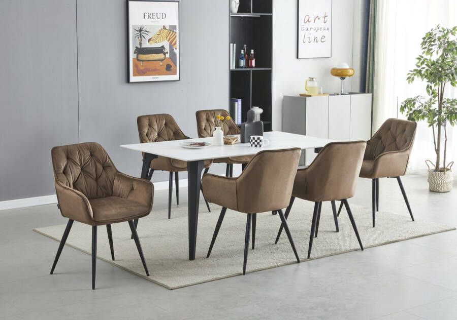 Colenis Emma Eetkamerstoel Bruin Set Van 4 Fluweel Velvet Design Met armleuning