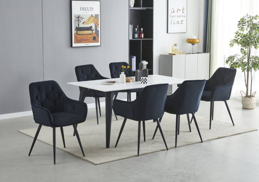 Colenis Emma Eetkamerstoel Zwart Set Van 6 Fluweel Velvet Design Met armleuning - Foto 2