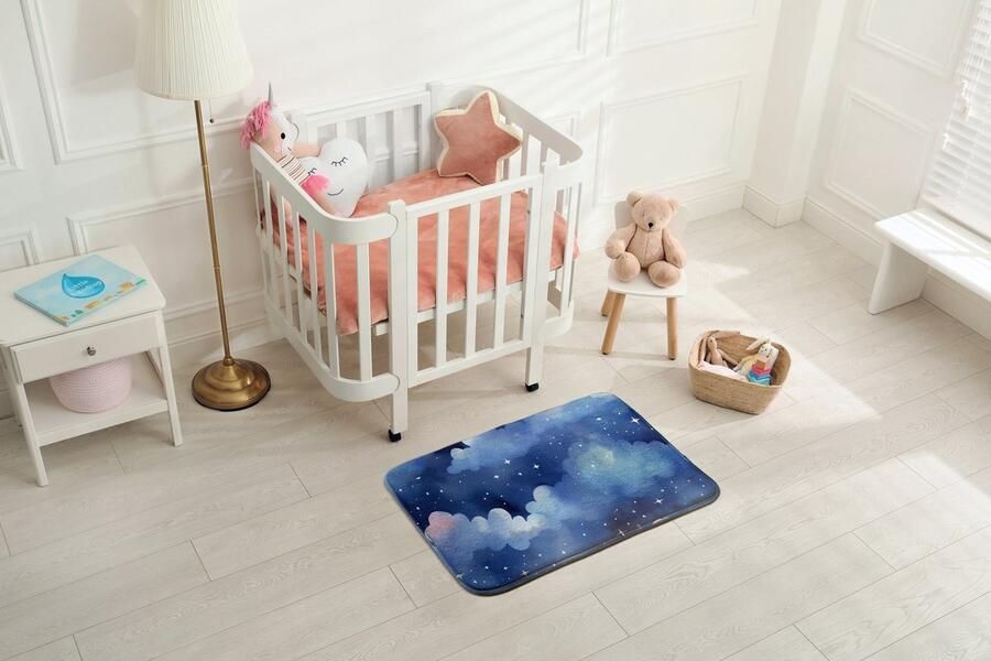 Coloray Vloerkleed voor Kinderkamer Blauw Laagpolig Tapijt Wolken En Sterren Vloerkleed Voor Kinderen Wit Accenten Tapijt Voor Kinderkamer Polyester Vloerkleed 90x60 cm