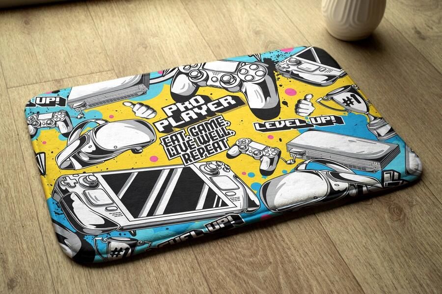 Coloray Vloerkleed voor Kinderkamer Geel Tapijt Voor Woonkamer Controllers En Consoles Klein Vloerkleed Blauw Accenten Tapijt Voor Slaapkamer Antislip Vloerkleed Voor Kinderen 75x45 cm