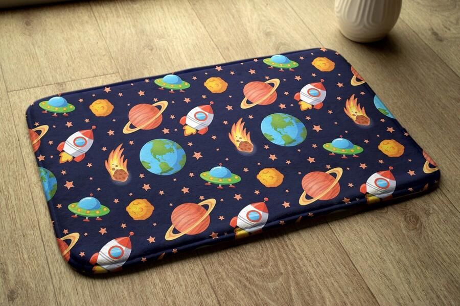 Coloray Vloerkleed voor Kinderkamer Marine Woonkamer Tapijt Ruimte En Raketten Klein Vloerkleed Oranje Accenten Slaapkamer Tapijt Antislip Vloerkleed Voor Kinderen 75x45 cm