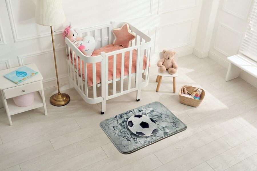 Coloray Vloerkleed voor Kinderkamer Wit Klein Tapijt Voetbal Klein Vloerkleed Zwart Accenten Laagpolig Tapijt Antislip Vloerkleed Voor Kinderen 90x60 cm