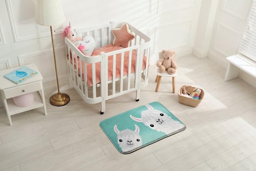 Coloray Vloerkleed voor Kinderkamer Wit Tapijt Voor Hal Twee Schattige Lama's Vloerkleed Voor Kinderen Munt Accenten Klein Tapijt Polyester Vloerkleed 90x60 cm