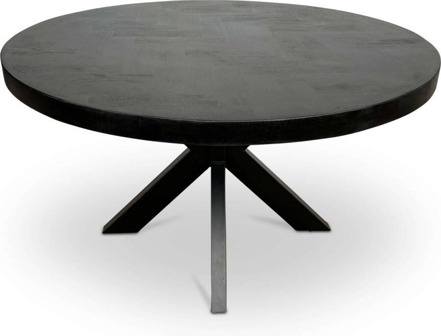 Combi Meubels Eettafel 120cm x 120cm Mangohout Visgraat Rond Zwart Kruispoot