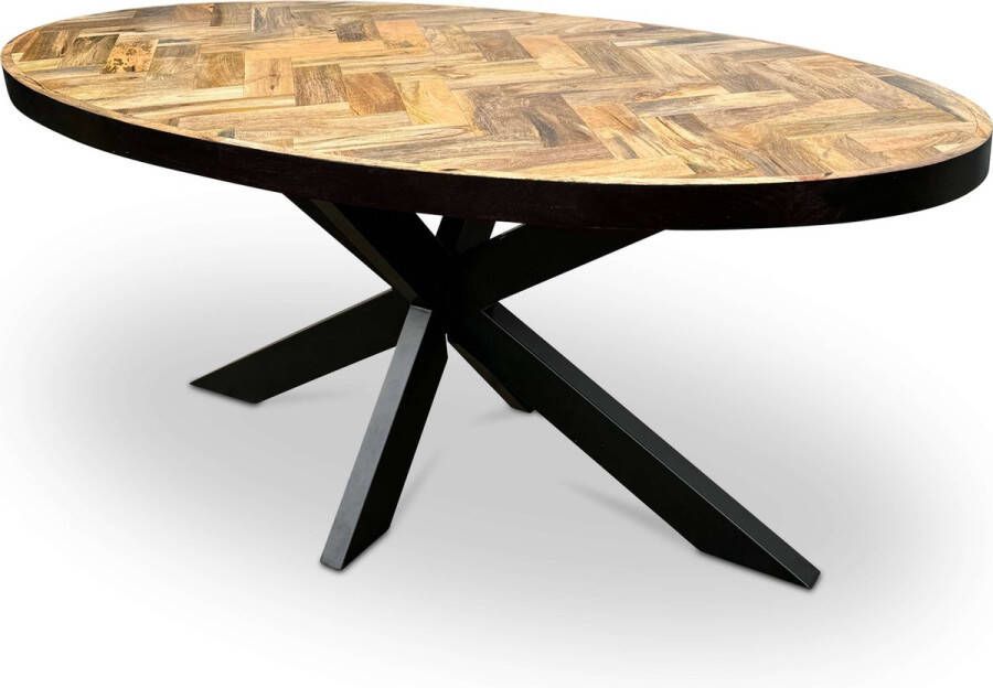 Combi Meubels Eettafel 160cm x 90cm Mangohout Visgraat Ovaal Naturel Kruispoot