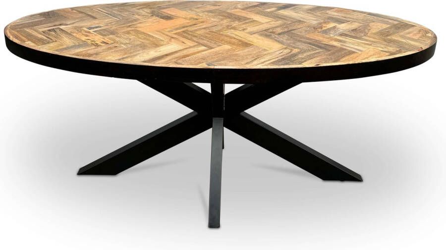 Combi Meubels Eettafel 210cm x 100cm Mangohout Visgraat Ovaal Naturel Kruispoot