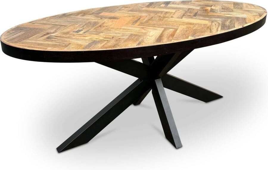 Combi Meubels Eettafel 240cm x 110cm Mangohout Visgraat Ovaal Naturel Kruispoot